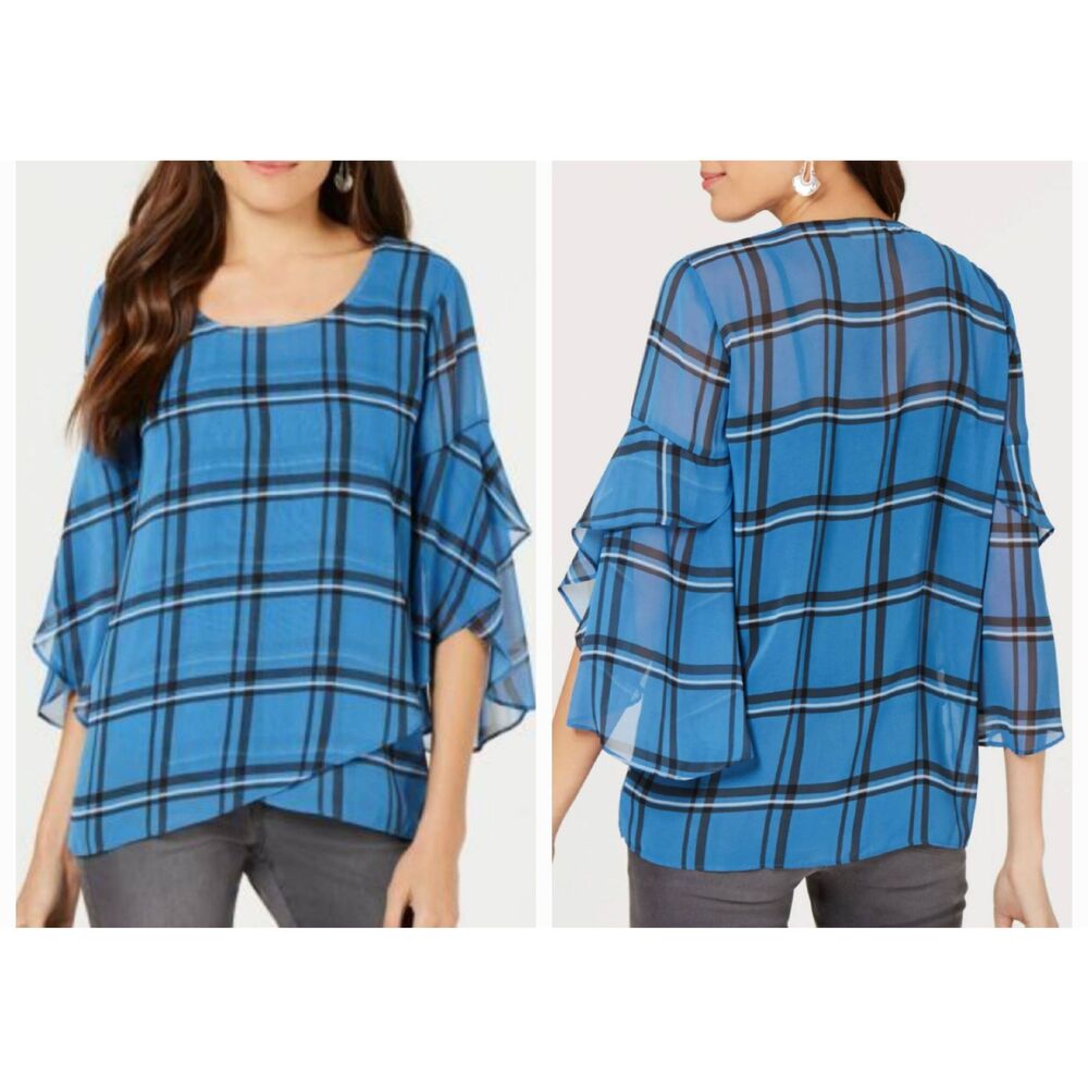 Style & Co Blue Mod Plaid Crossover Top Sheer Layered Sz L New